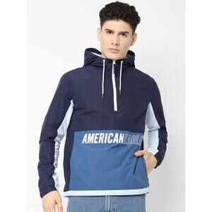 American Eagle Mens Blue Zip Colorblock Hooded Windbreaker Anorak Jacket Size S